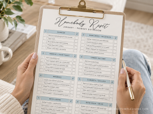 woman holding a clipboard with a homebody reset checklist
