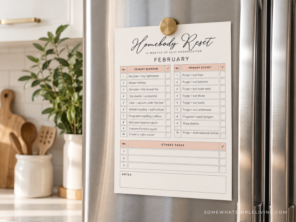 Homebody Reset February checklist on the front of a fridge